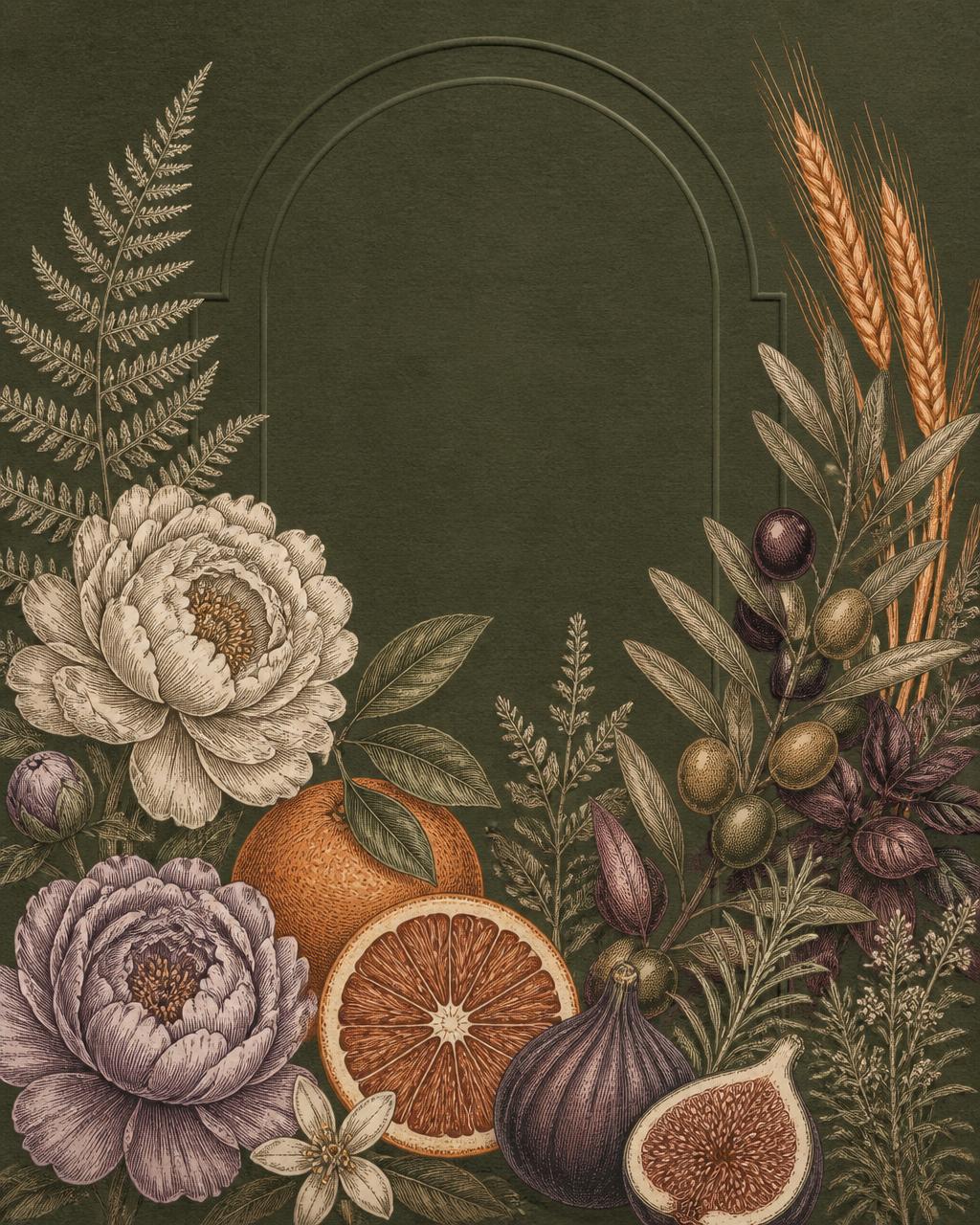 Vintage botanical illustration of citrus, figs, olives and peonies on olive paper